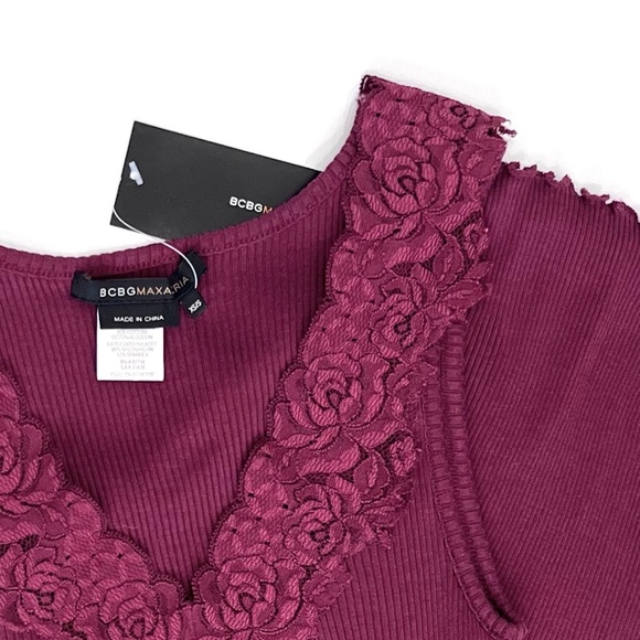 BCBGMaxAzria Silk Rib Knit Lace Burgundy V-Neck Tank Top - Picture 6 of 6